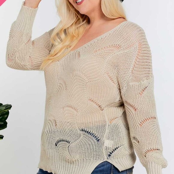DAVI & DANI Plus Size Beige Open Knit V-Neck Sweater, Lightweight Boho Pullover - Picture 1 of 7